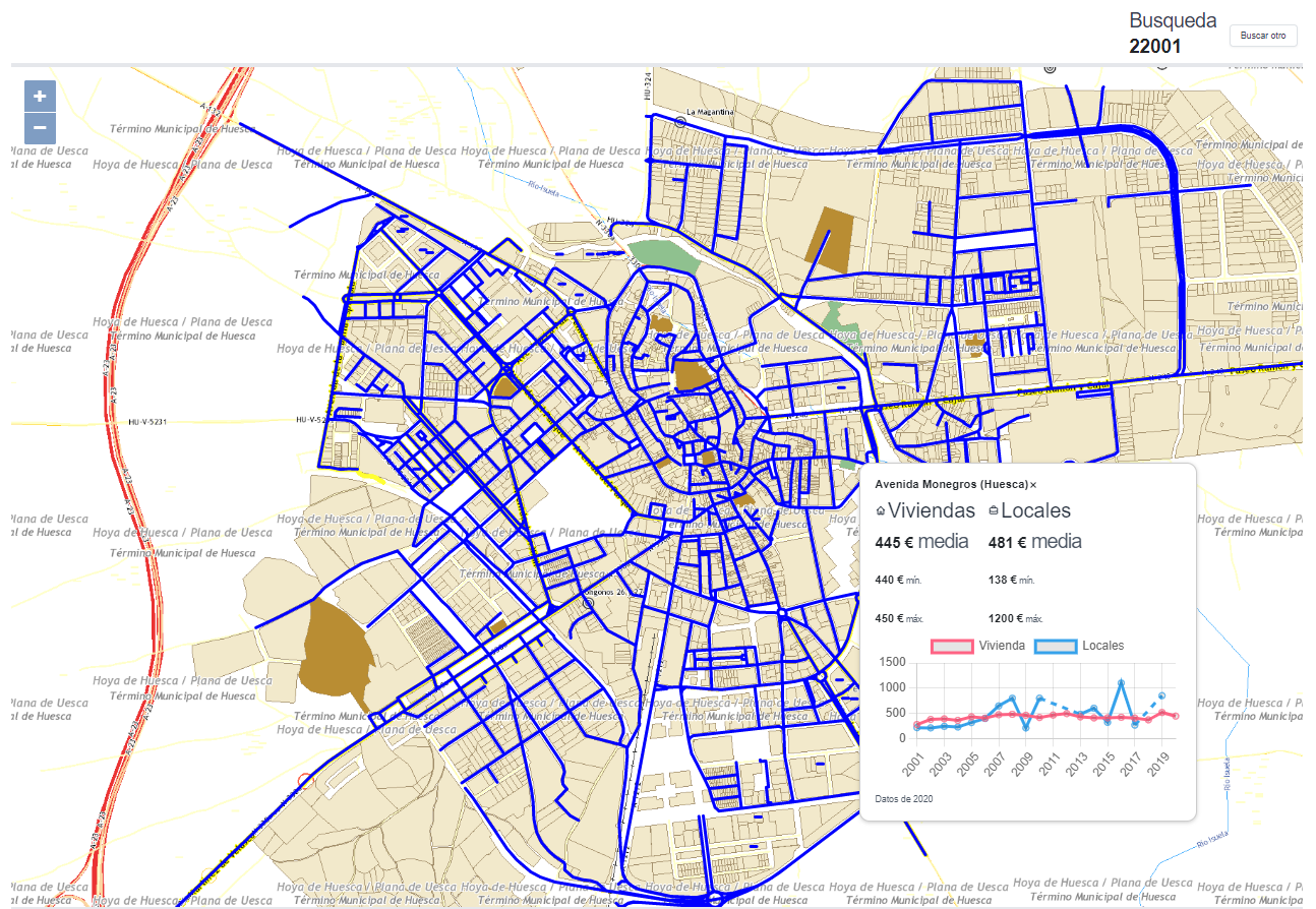 Imagen de Mapa de Huesca con los datos de fianzas de alquiler y los servicios del IGEAR