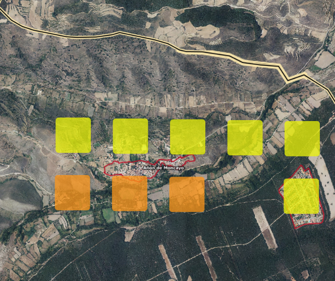 Mapa reflejando Añón de Moncayo con una cuadrícula de colores que refleja el análisis de la cobertura
