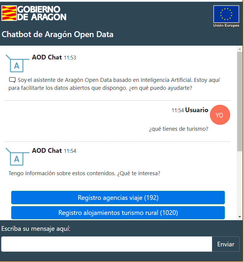 Recorte de pantalla del chatbot en la que se reproduce un diálogo entre el asistente de Aragón Open Data y un persona que interroga. 