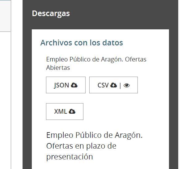 Apartado descargas de Aragón Open Data: Formato JSON, XML y CSVv