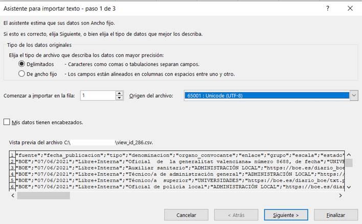 Asistente para importar datos de texto en excel