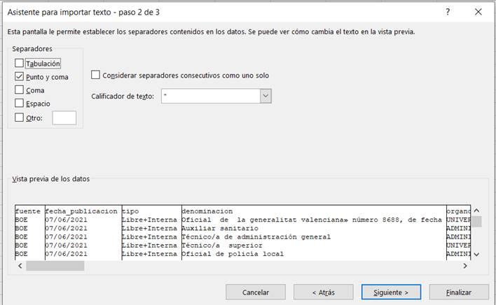 Asistente de excel importar texto: separadores