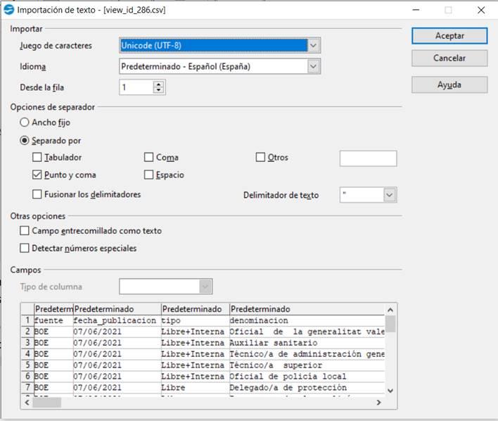Openoffice cal, opciones abrir CSV