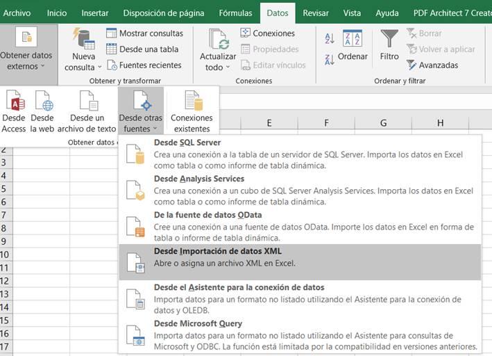 Excel opciones importar archivo XML