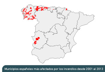 Municipios españoles más afectados por los incendios desde 2001 al 2013