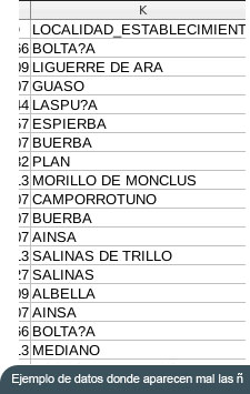 Ejemplo de datos donde aparecen mal las ñ