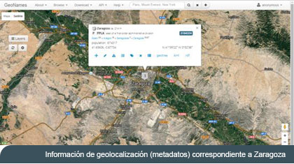 Información de geolocalización (metadatos) correspondiente a Zaragoza